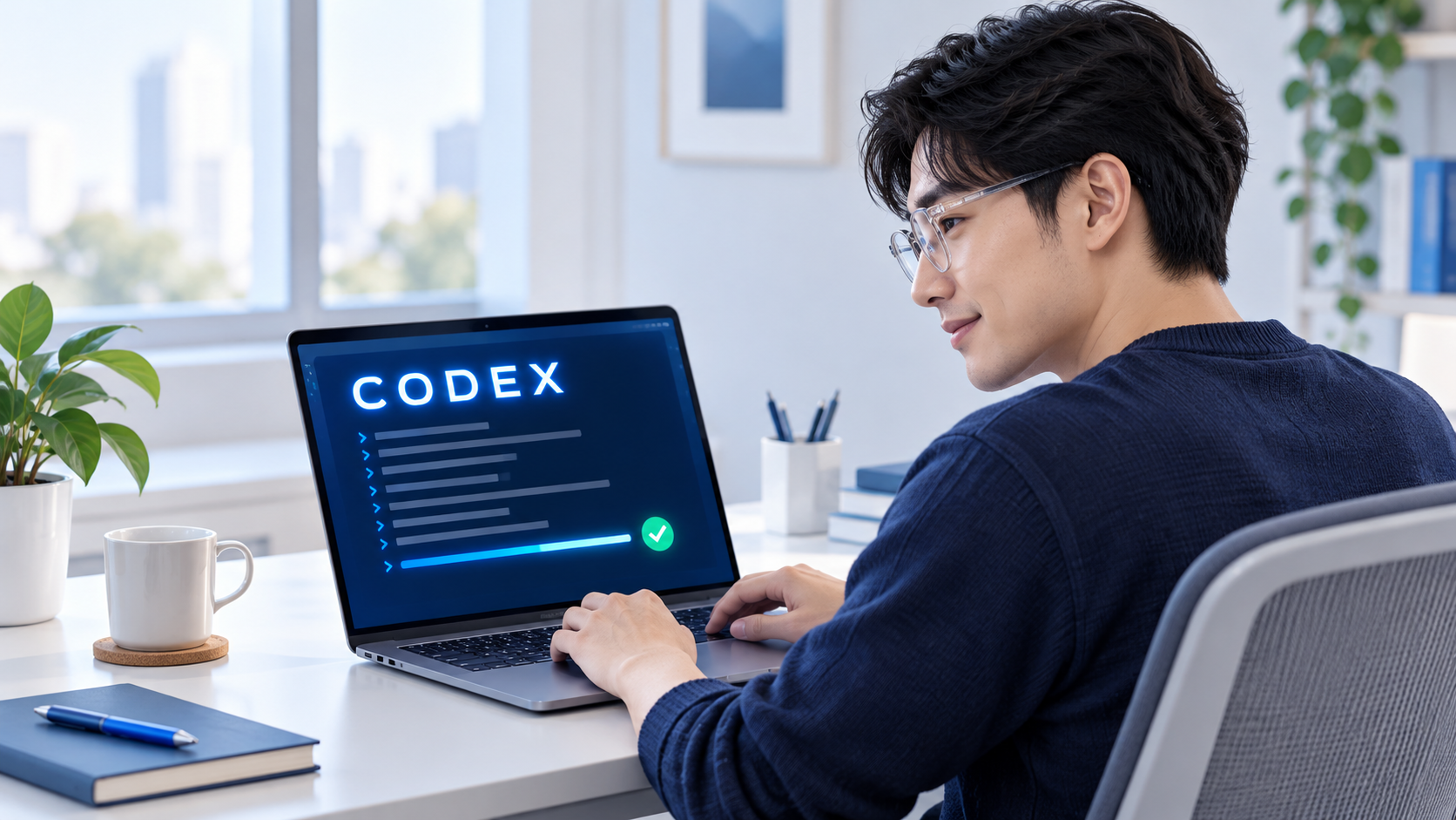 Codex 代安装部署:戴眼镜的开发者在电脑前操作 Codex,电脑屏幕显示代码界面