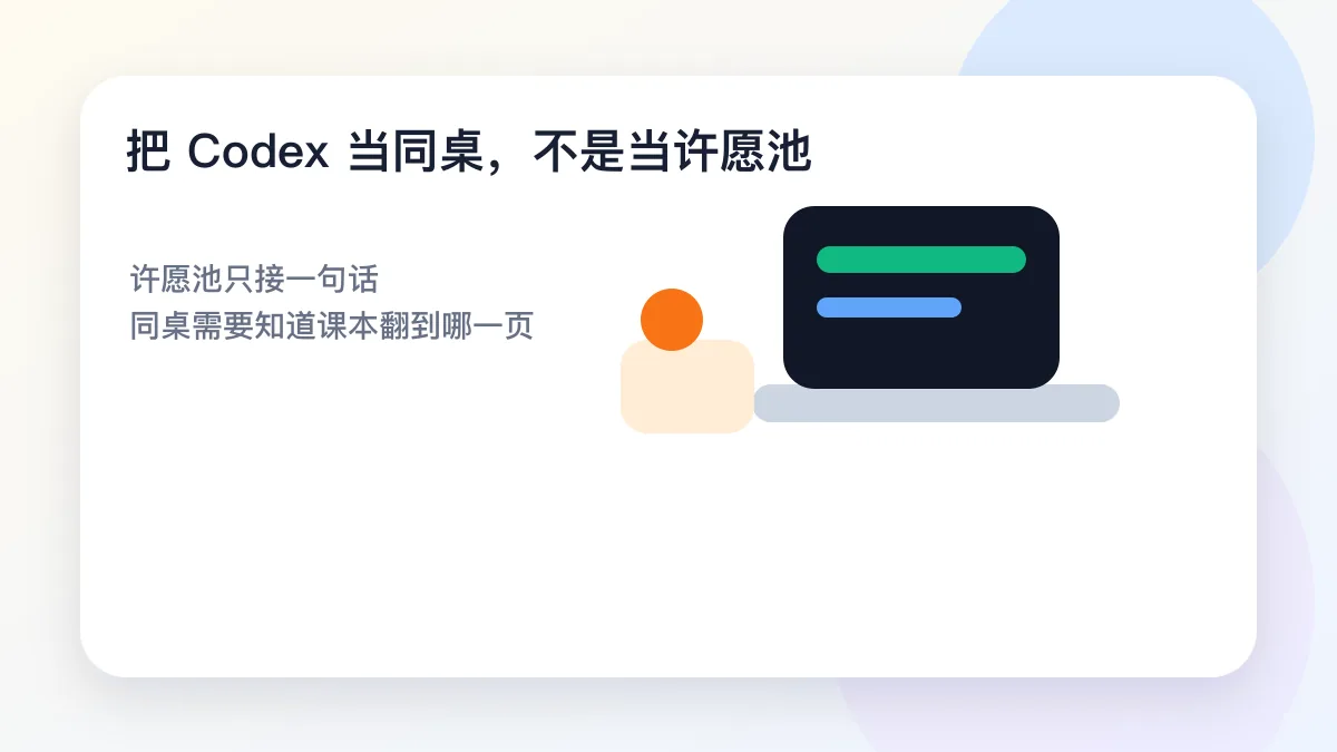 视觉比喻图:把 Codex 当同桌,不是当许愿池(示意图)